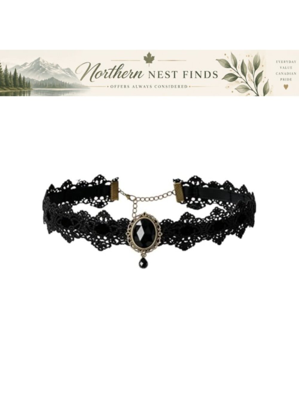 Gothic Lace Choker Necklace with Oval Black Rhinestone, Adjustable Lobster Clasp